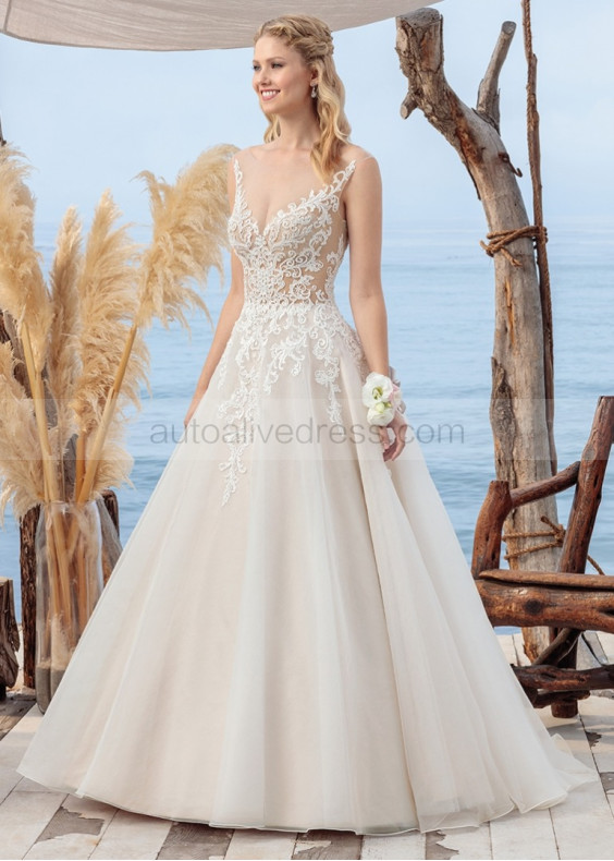 Ivory Lace Organza Illusion Back Airy Wedding Dress